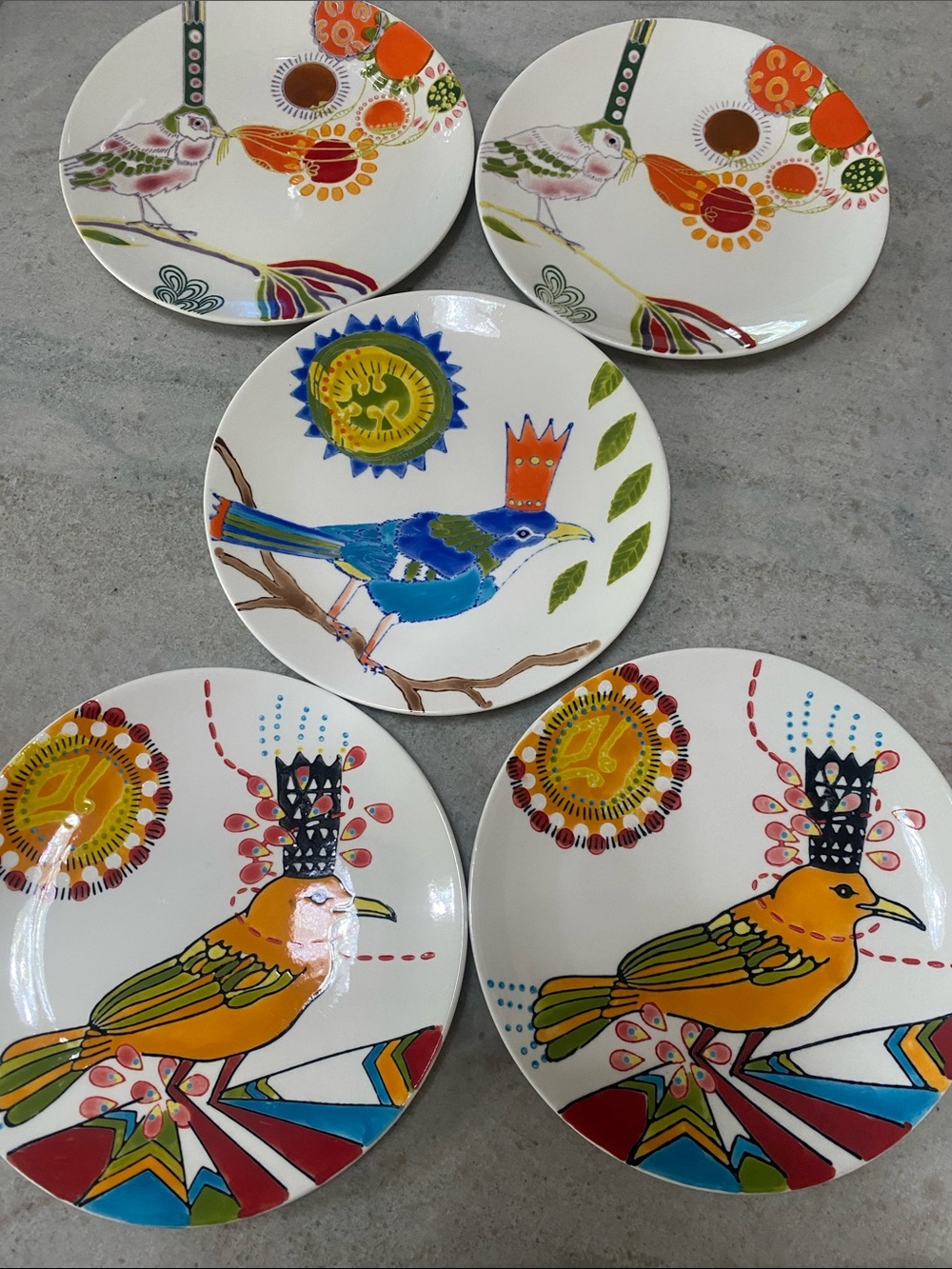 5 Creative Co-Op Multicolor Bird Motif Dessert Plates Set by Jessica Swift